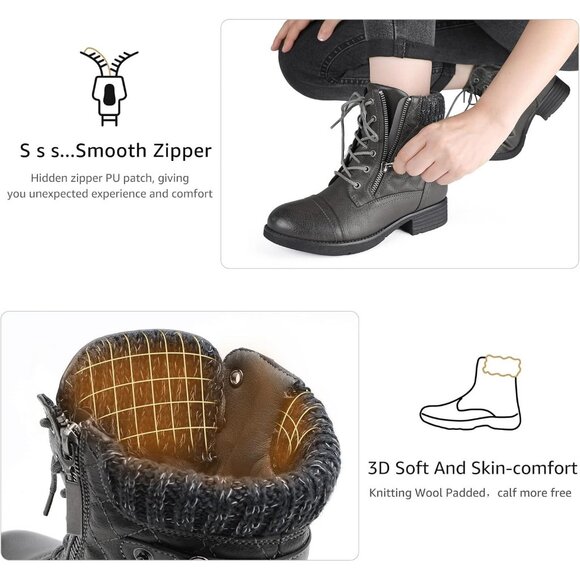 STQ Women's Grey Synthetic Side Zipper Combat Boots Lace up Ankle Booties - Picture 4 of 9